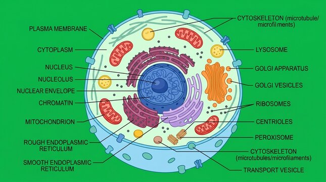 Detailed illustration of a cell with labeled organelles and structures on green background