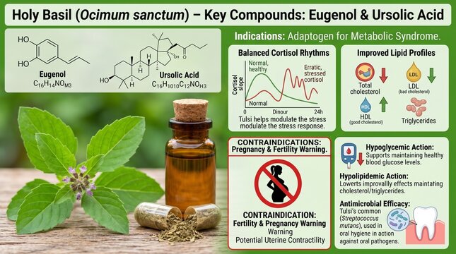 Holy basil herb with bottle and capsules on wooden surface with green leaves and chemical compounds