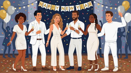 Obraz premium Diverse group of friends celebrating New Year's Eve with champagne and confetti vector