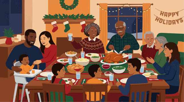 Diverse family enjoys a festive holiday dinner with a roasted turkey and traditional sides vector