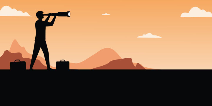 Businessman looking through a telescope on a mountain with suitcases