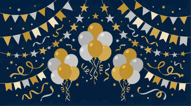 Celebration background with gold silver balloons and bunting flags on dark blue vector