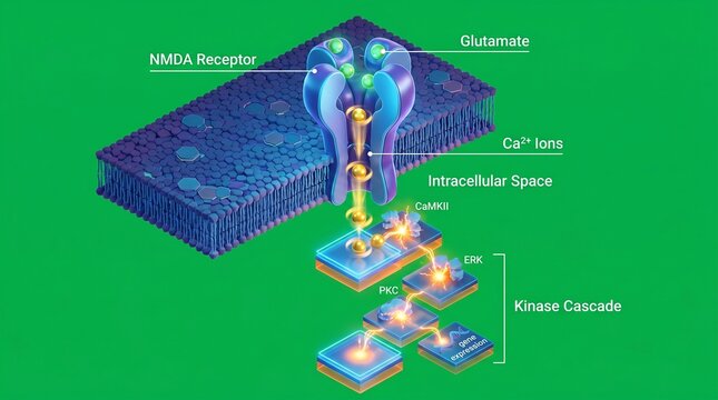 Detailed illustration of nmda receptor with glutamate and calcium ions on green background