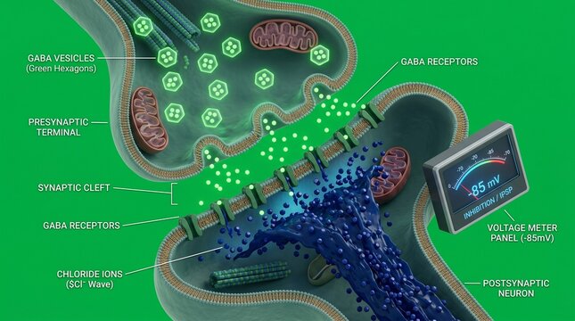 Detailed illustration of a neuron synapse with labeled components and gaba receptors