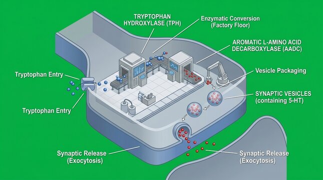 Infographic of a factory producing synaptic vesicles containing 5ht