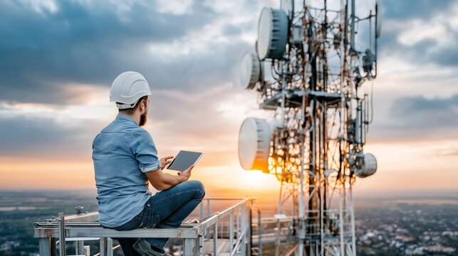 Telecommunication engineer inspecting cell tower equipment using digital tablet while sitting on railing at sunset with city view