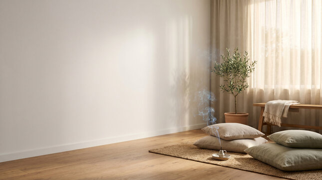 Minimalist living room interior with incense smoke on jute rug, linen pillows and olive tree plant