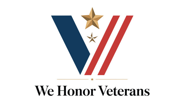 "Patriotic We Honor Veterans logo featuring stylized V with blue and red stripes, gold star above, and text honoring military service, symbolizing respect and gratitude for veterans."