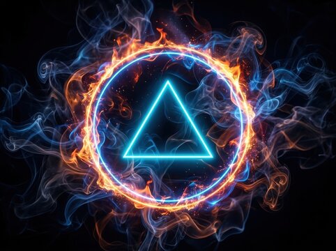 Neon triangle inside glowing fire circle on black background
