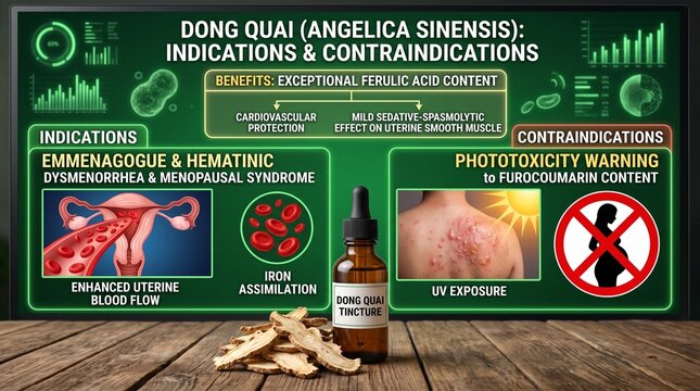 Dong quai angelica sinensis indications and contraindications chart with bottle and slices