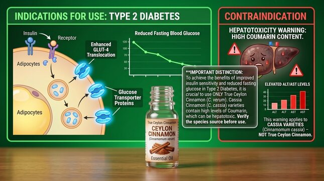 Ceylon cinnamon essential oil indications for use in type 2 diabetes management with contraindication warning