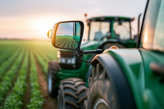 Two green agricultural tractors in row on farm field reflecting farmland crops in side mirror with sunset light behind