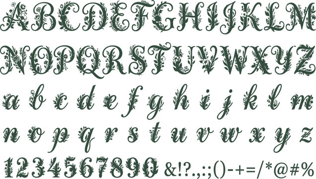 Elegant Floral Alphabet Vector Set with Ornate Botanical Letters, Numbers, and Symbols for Wedding Invitations, Vintage Monograms, Nature-Themed Branding, and Decorative Typography Projects.