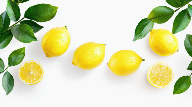 Fresh lemons arranged with green leaves create vibrant and refreshing display, perfect for culinary uses or decoration