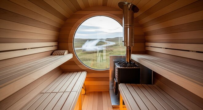 A beautiful perspective from inside a wooden barrel sauna with a large round window at the end, overlooking a scenic outdoor landscape under a cloudy sky