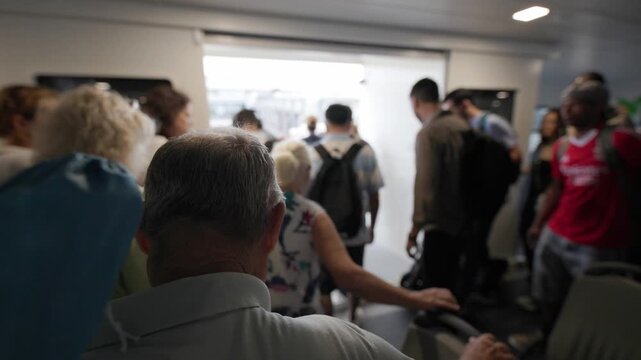 Crowd of passengers disembarking from a ferry boat