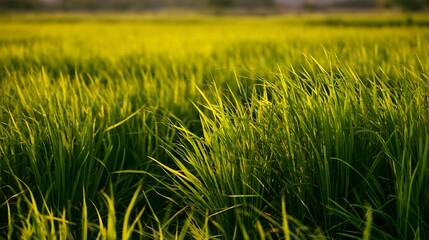 Obraz premium An expansive rice paddy field gently sways in the wind bathed in a warm golden glow