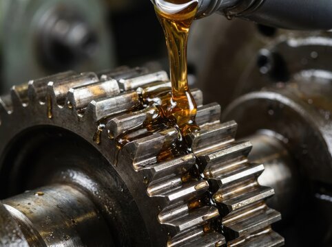 Close up of engine oil pouring over metal industrial gears for maintenance with industrial, maintenance