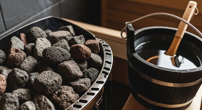 Close-up of hot sauna stones and water bucket with ladle