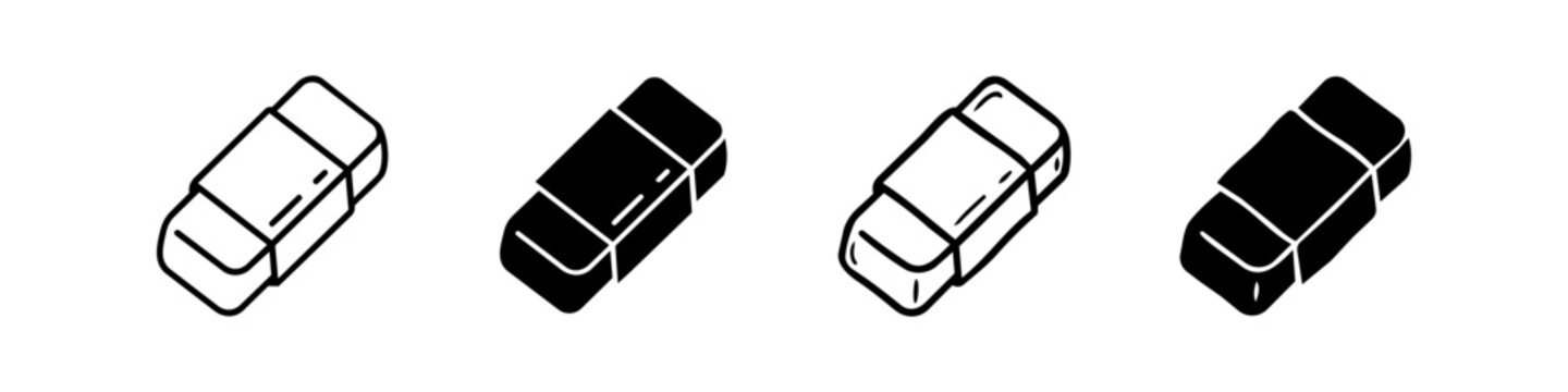Vector icons of erasers in outline and solid styles for stationery, education, and office design.