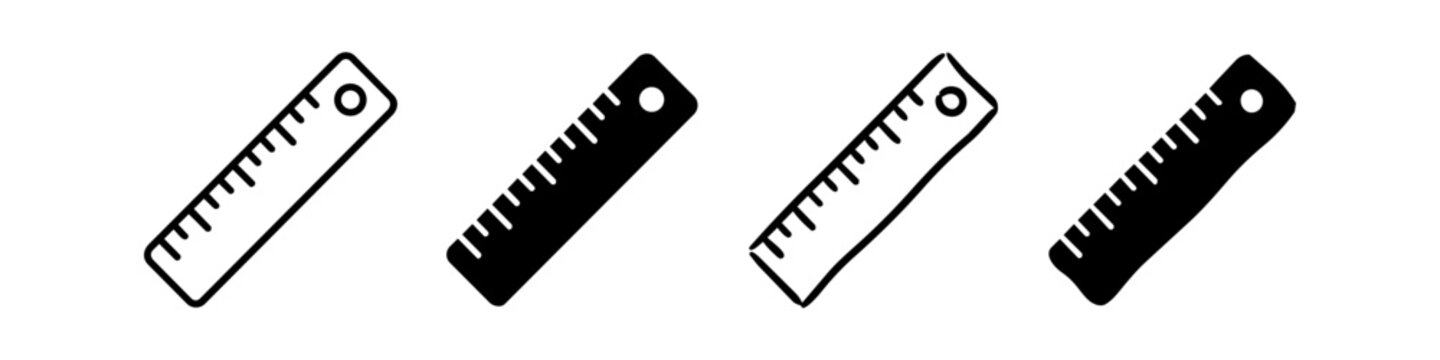 Set of four ruler icons in outline, solid, and hand-drawn styles. Measuring tool graphics for school, office, and design themes.