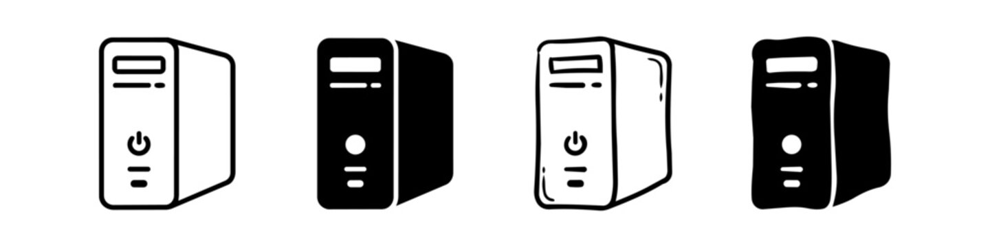 Set of desktop computer tower icons in four different styles including outline, solid, and hand-drawn designs.