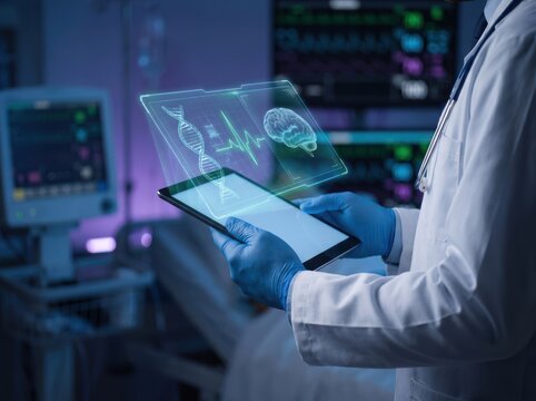 Doctor wearing blue gloves using tablet to analyze patient DNA and brain activity holographic data