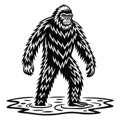 Naklejka premium Vector illustration bigfoot or sasquatch standing in a swampy area, vintage woodcut style illustration