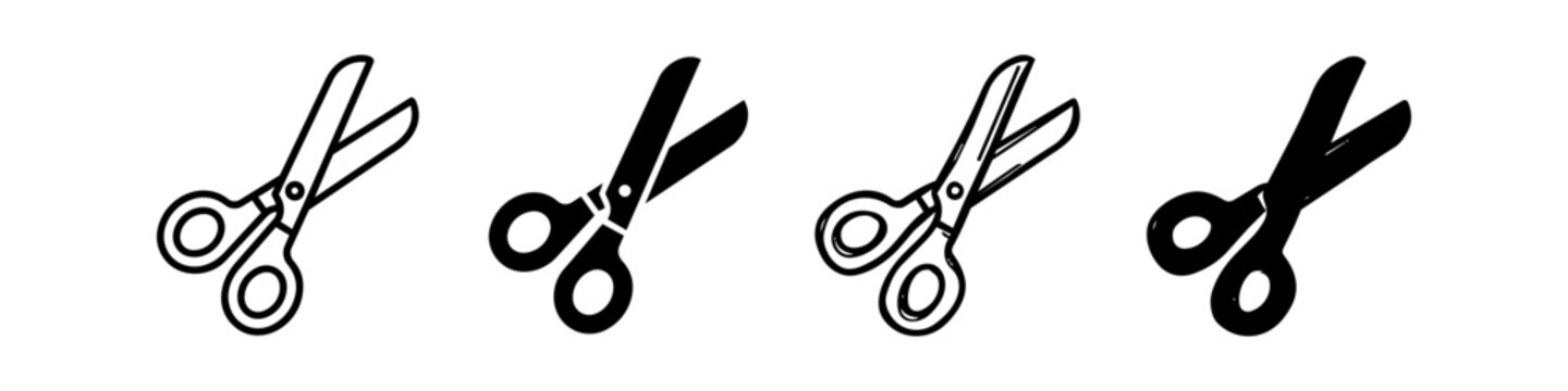 Set of four scissor icons in different styles, including line art and solid silhouettes. Versatile vector icons for cutting, school, office, sewing, and craft projects on a white background.