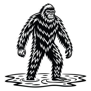 Vector illustration bigfoot or sasquatch standing in a swampy area, vintage woodcut style illustration