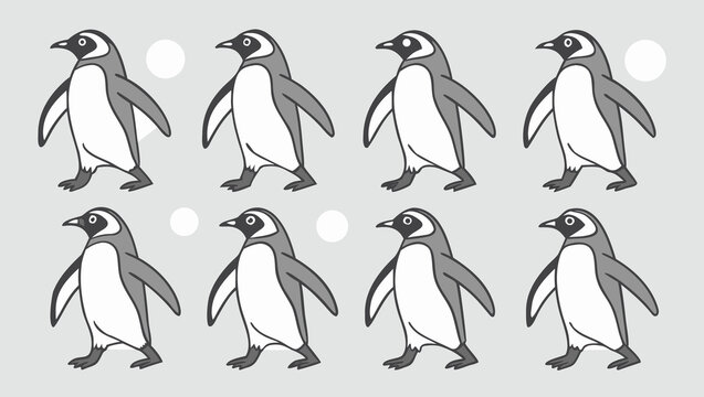 Vector illustration cute cartoon penguins standing in two rows, vector illustration of flightless birds