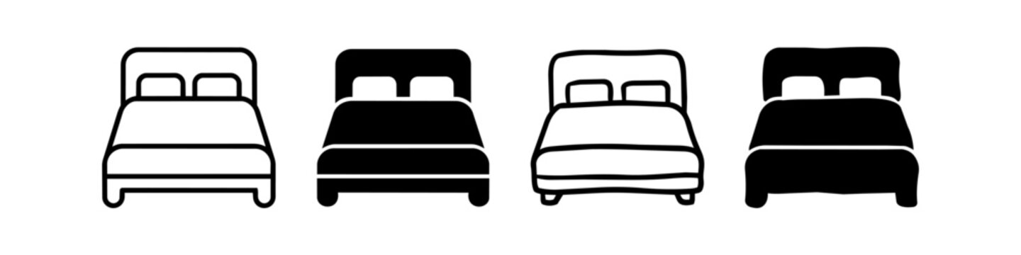 Vector illustration set of double bed icons in outline and solid styles. Minimalist bedroom furniture symbols for hotel signage, interior design, and accommodation apps. Black and white icons.