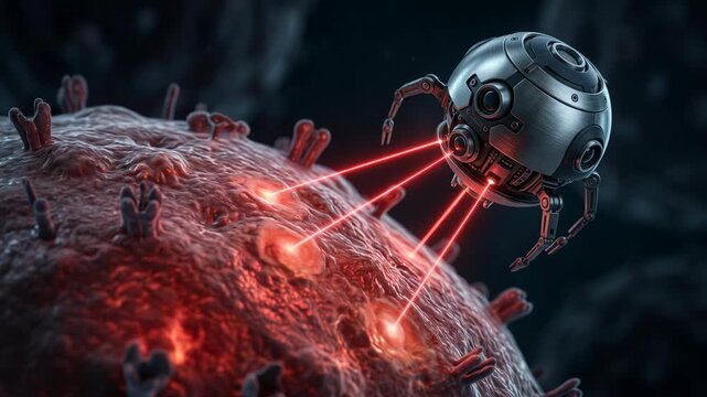 Nanorobot targeting a dangerous cell with laser beam. Microscopic medical robot destroying pathogen in human body. Advanced future surgery and health technology.