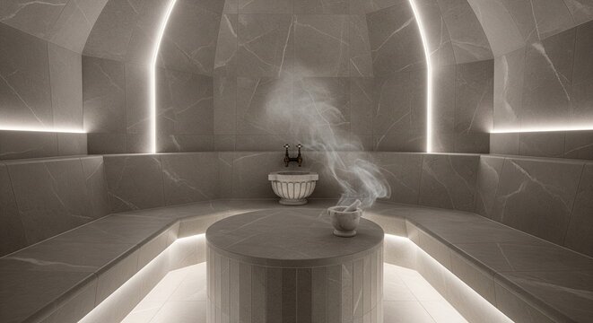 Luxury modern marble steam room hamam with soft integrated LED lighting. A stone fountain basin sits in the center with light steam rising, surrounded by smooth gray stone seating benches