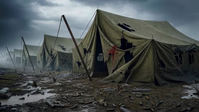 Destroyed military camp with torn canvas tents on rainy battlefield. Ruined army gear amidst shell casings in bleak conflict zone. Historical war aftermath scene.