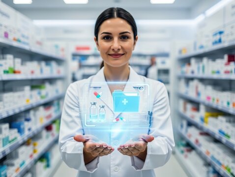 Pharmacist holding holographic medical report in pharmacy store aisle with pharmacist pharmacy hologram
