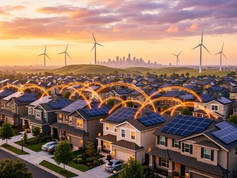 Sustainable suburban neighborhood with rooftop solar panels and wind turbines at golden hour, eco friendly