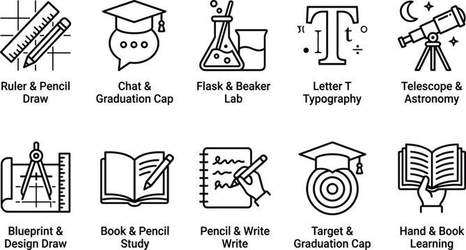 Academic and technical learning icons including laboratory flasks telescope architectural blueprint and book.