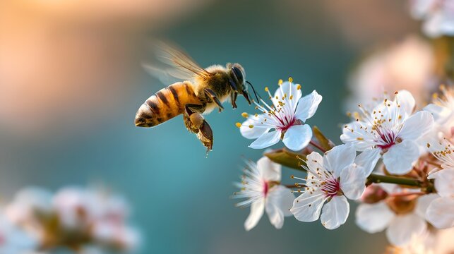 bee flying near flowers with pollination and nature ecosystem concept realistic lighting commercial stock photography