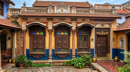 Fototapeta premium Chettinad architecture, Chettinad house, Chettinad mansion, Chettinad heritage house, Chettinad palace, wooden architecture, Athangudi tiles, Chettinad interiors, Karaikudi, tourism India, Sivagangai.