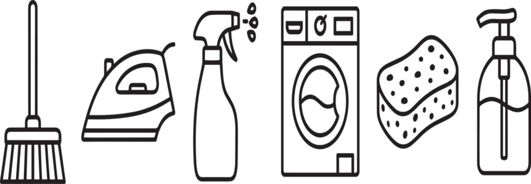Household cleaning tools icon set containing broom iron spray bottle machine sponge pump.