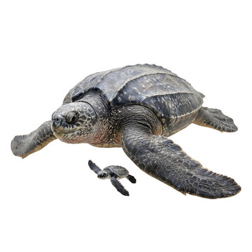 Leatherback sea turtle swimming with baby hatchling isolated on transparent background, marine life cutout
