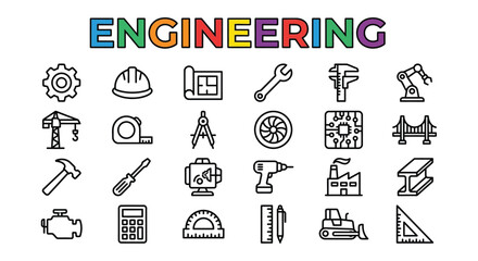 Naklejka premium Engineering Icons Collection Black Line Art On White Background