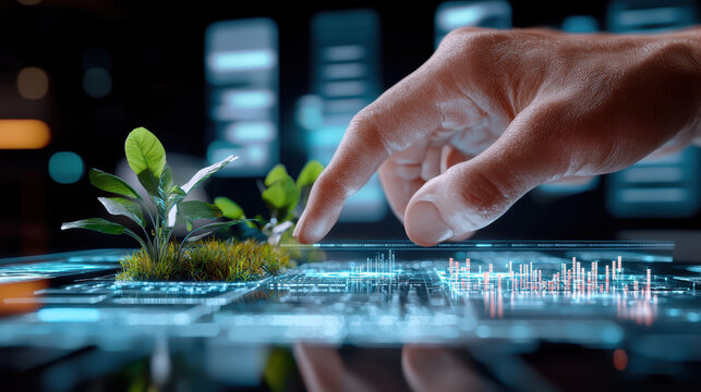 Hand interacting with digital plants on futuristic interface, symbolizing technology and nature integration