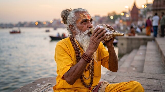 An elderly Indian man with a long white beard blows into a conch shell, a traditional instrument used in religious ceremonies.