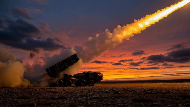 Mobile artillery rocket system firing projectile into sky at dusk. Military heavy equipment launching missile. Modern combat technology for defense strategy mission.