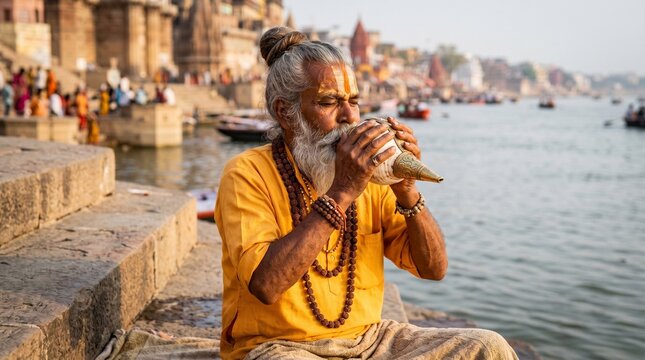 An elderly Indian man with a long white beard blows into a conch shell, a traditional instrument used in religious ceremonies.