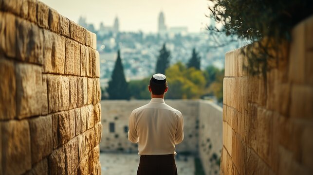 Jewish Man Wearing Kippah Overlooking Jerusalem, Contemplating Faith and Cultural Heritage at the Western Wall
