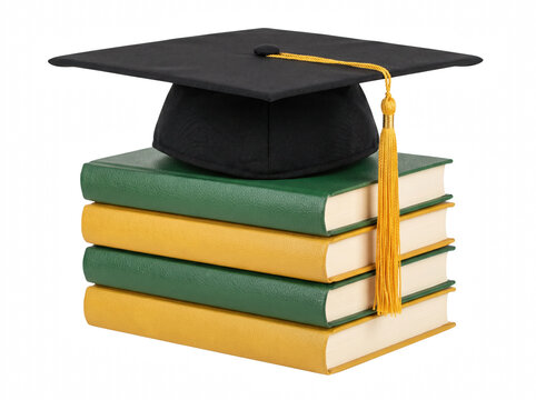 Graduation Cap on a Stack of Green and Yellow Books