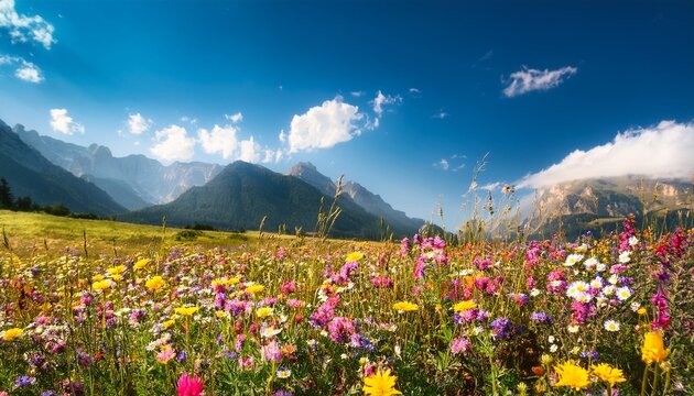 Colorful Wildflowers Blooming In Mountain Meadow Field Colorful Wildflowers Blooming Profusely Across A Vibrant Meadow With Blurred Mountains In Background